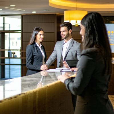 hospitality hotel front desk check in staff facing right