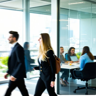 photograph of blurred staff walking left and right, in an office, past a meeting room with people in it